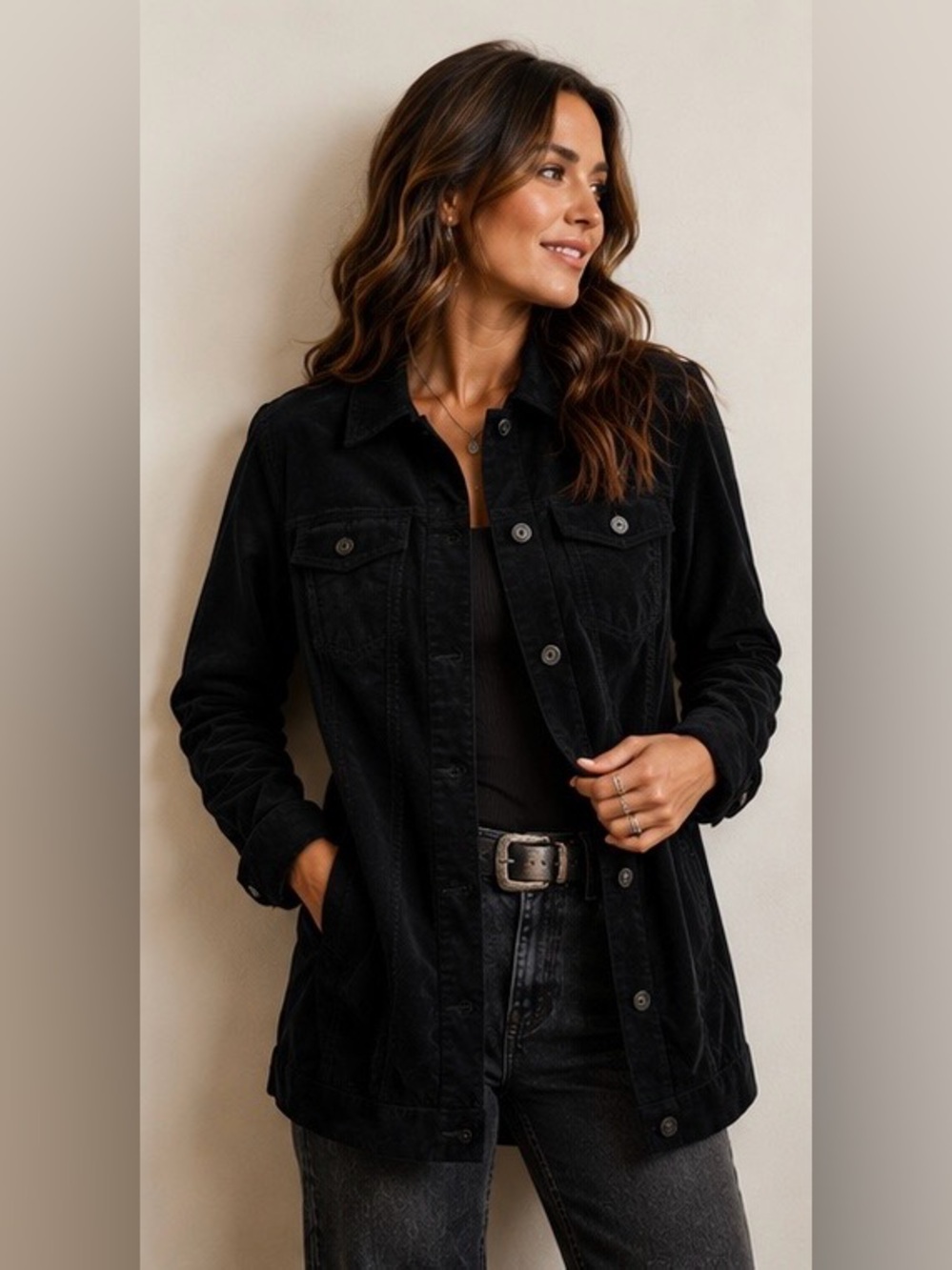 Denim & Co. Black Velveteen Regular Long
Jacket Coat Size M